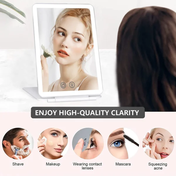 Folding Travel Mirror with 80 LEDs Ultra Thin Makeup Mirror Dimmable Touch Screen USB Rechargeable Portable for Makeup