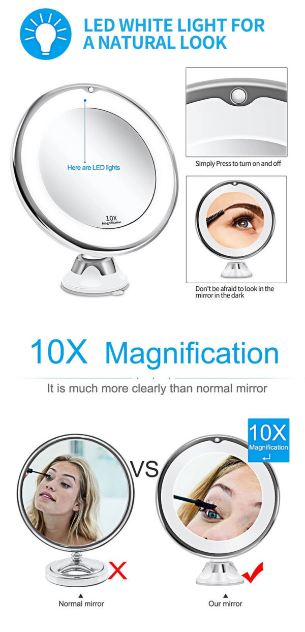 Flexible 10x Magnifying Vanity Mirror with Lights Touch Screen Lighting Dressing Makeup Lamp Bottom Sucker Portable Design LED